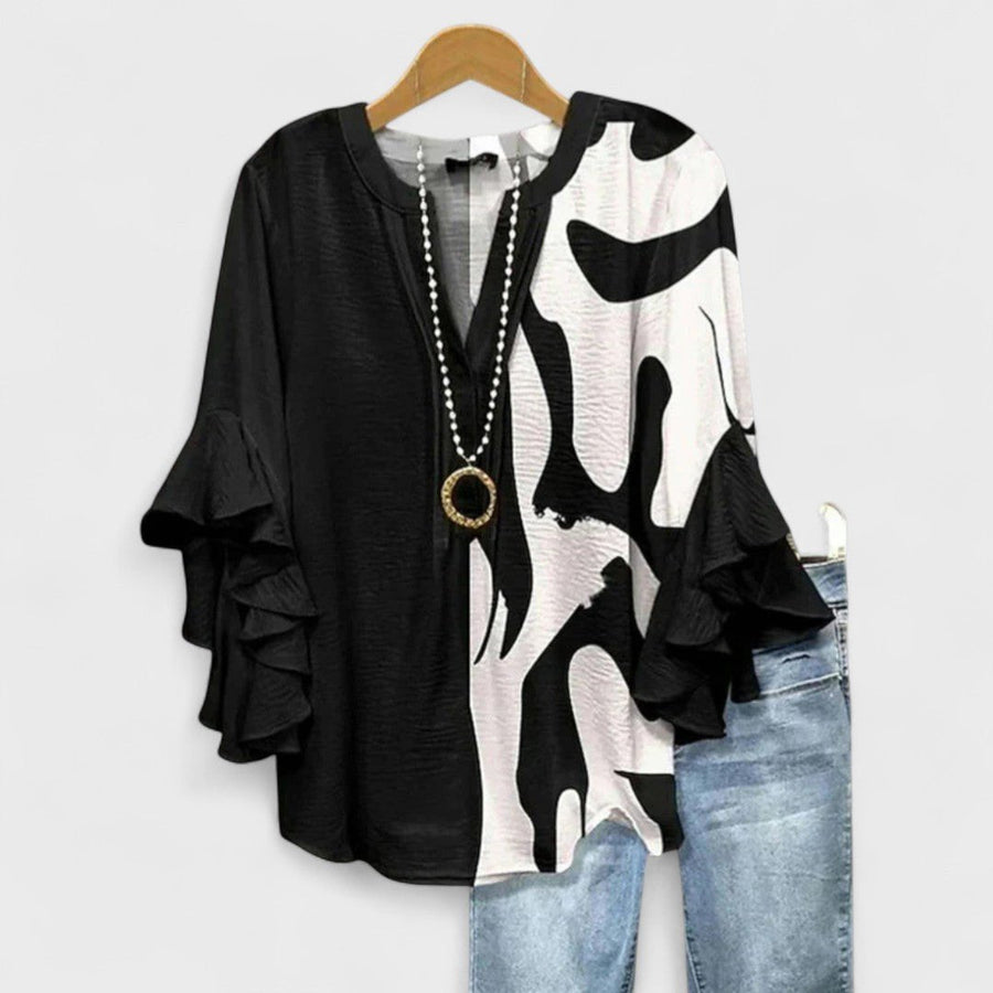 Penelope | Women's Floral Blouse Ruffle Sleeves V-Neck Casual Black