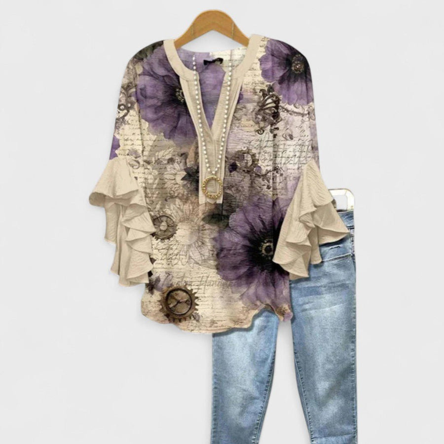 Penelope | Women's Floral Blouse Ruffle Sleeves V-Neck Casual Beige