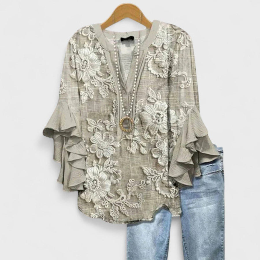 Penelope | Women's Floral Blouse Ruffle Sleeves V-Neck Casual Light Brown