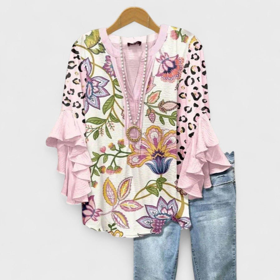 Penelope | Women's Floral Blouse Ruffle Sleeves V-Neck Casual Pink