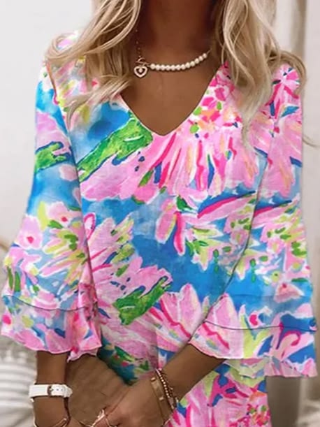 Women's Floral H Line Midi V Neck Classic Casual Summer Dress
