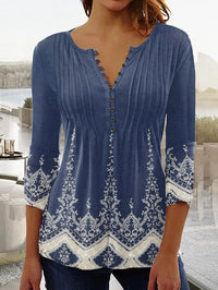 Amelia | Women's Floral Long Sleeve Relaxed-Fit Henley Blouse Blue