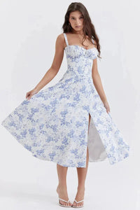 Esmae Corset Midi Dress Blue Floral Linsay