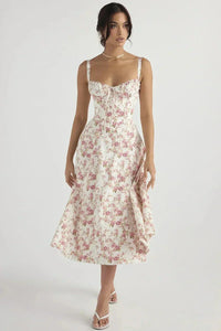 Esmae Corset Midi Dress Pink Print Linsay