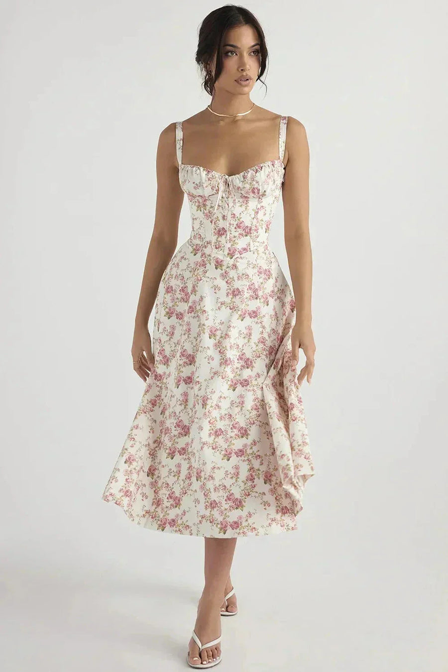 Esmae Corset Midi Dress Pink Print Linsay