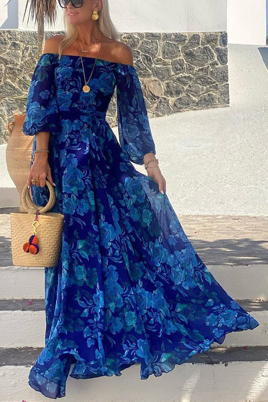 Amelia | Women's Floral Off-Shoulder Mother of the Bride Dress Maxi Blue