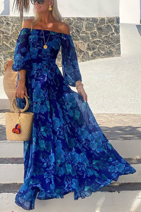 Amelia | Women's Floral Off-Shoulder Mother of the Bride Dress Maxi Blue