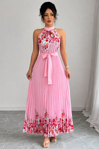 Camila | Women's Floral Pleated Halter Evening Gown Midi Dress Pink