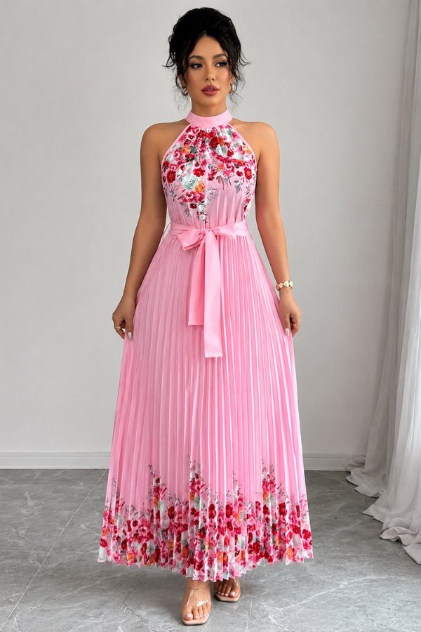 Camila | Women's Floral Pleated Halter Evening Gown Midi Dress Pink