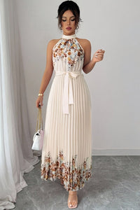 Camila | Women's Floral Pleated Halter Evening Gown Midi Dress Apricot