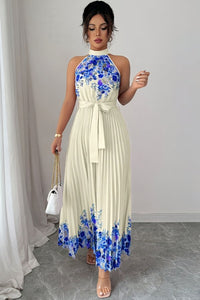 Camila | Women's Floral Pleated Halter Evening Gown Midi Dress Blue Floral