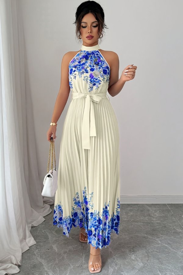 Camila | Women's Floral Pleated Halter Evening Gown Midi Dress Blue Floral