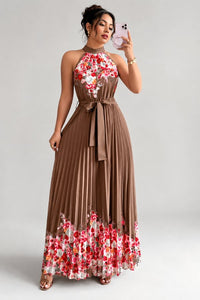 Camila | Women's Floral Pleated Halter Evening Gown Midi Dress Coffee Brown