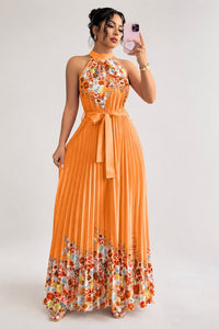 Camila | Women's Floral Pleated Halter Evening Gown Midi Dress Orange