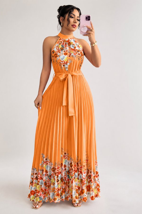 Camila | Women's Floral Pleated Halter Evening Gown Midi Dress Orange