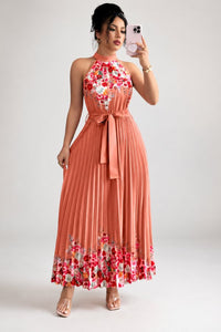 Camila | Women's Floral Pleated Halter Evening Gown Midi Dress Watermelon Red