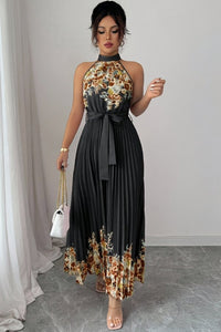 Camila | Women's Floral Pleated Halter Evening Gown Midi Dress Black Bottom Coffee Flower