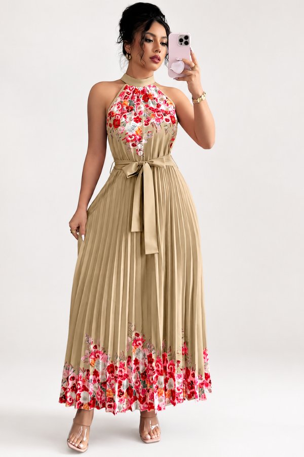 Camila | Women's Floral Pleated Halter Evening Gown Midi Dress Khaki