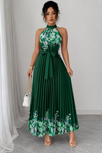 Camila | Women's Floral Pleated Halter Evening Gown Midi Dress Dark Green