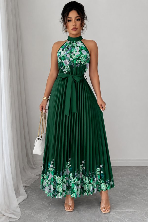 Camila | Women's Floral Pleated Halter Evening Gown Midi Dress Dark Green