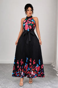 Camila | Women's Floral Pleated Halter Evening Gown Midi Dress Black
