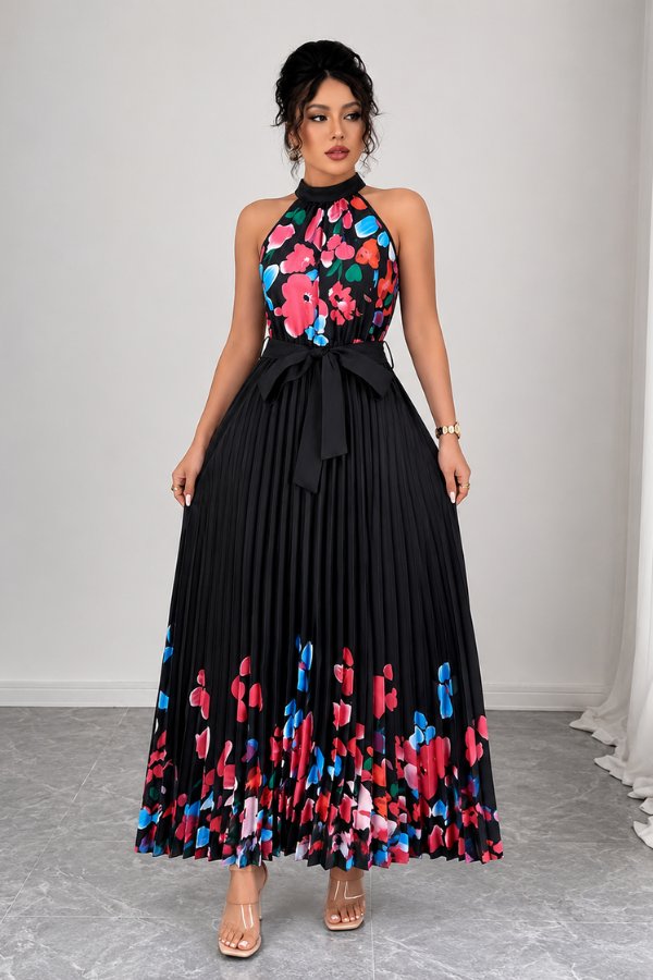 Camila | Women's Floral Pleated Halter Evening Gown Midi Dress Black