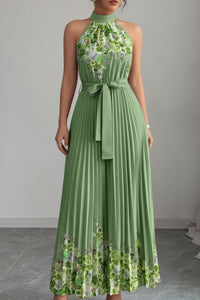 Camila | Women's Floral Pleated Halter Evening Gown Midi Dress Army Green Bottom Yellow Flower