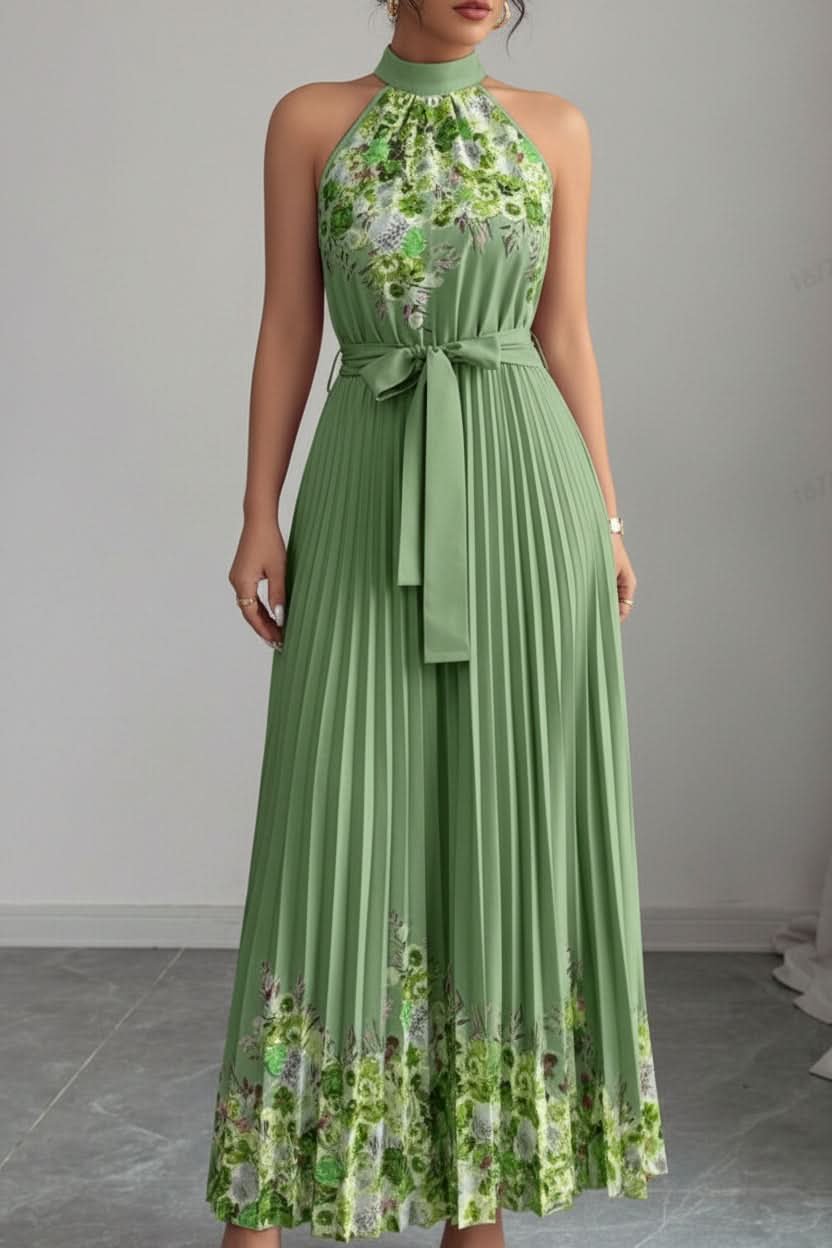 Camila | Women's Floral Pleated Halter Evening Gown Midi Dress Army Green Bottom Yellow Flower