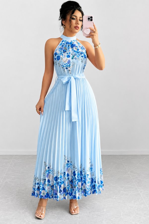 Camila | Women's Floral Pleated Halter Evening Gown Midi Dress Blue