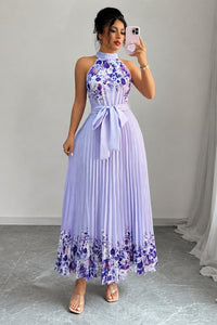 Camila | Women's Floral Pleated Halter Evening Gown Midi Dress Purple