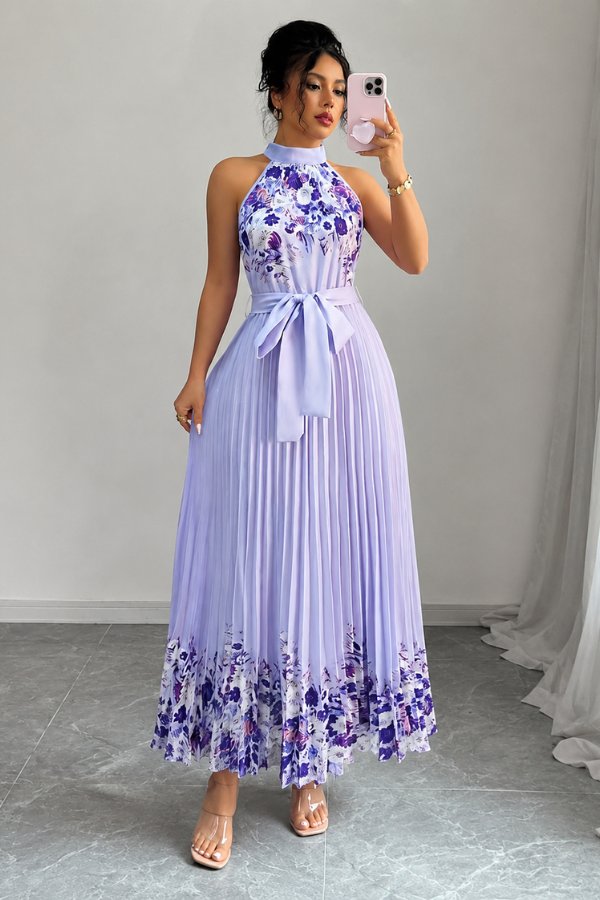 Camila | Women's Floral Pleated Halter Evening Gown Midi Dress Purple