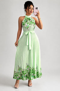 Camila | Women's Floral Pleated Halter Evening Gown Midi Dress Green