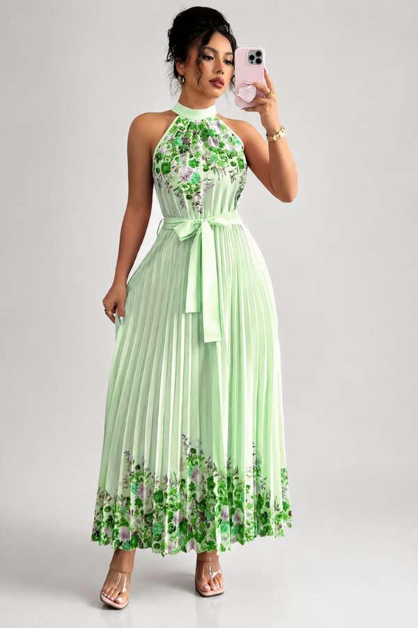 Camila | Women's Floral Pleated Halter Evening Gown Midi Dress Green