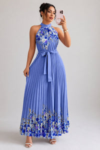 Camila | Women's Floral Pleated Halter Evening Gown Midi Dress Dark Blue