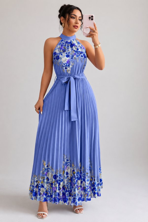 Camila | Women's Floral Pleated Halter Evening Gown Midi Dress Dark Blue
