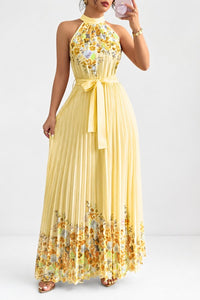 Camila | Women's Floral Pleated Halter Evening Gown Midi Dress Yellow