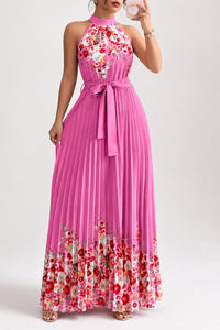 Camila | Women's Floral Pleated Halter Evening Gown Midi Dress Rose Red