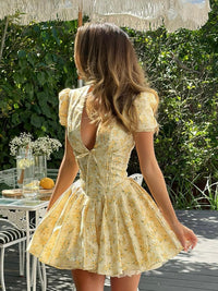 Caroline | Womens Floral A Line Puff Sleeve Mini Dress Yellow