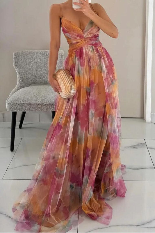 Layla | Women's Floral Tulle Sleeveless Maxi Cocktail Dress Orange