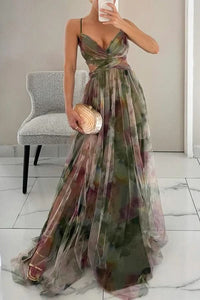 Layla | Women's Floral Tulle Sleeveless Maxi Cocktail Dress Green