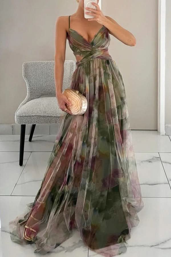Layla | Women's Floral Tulle Sleeveless Maxi Cocktail Dress Green