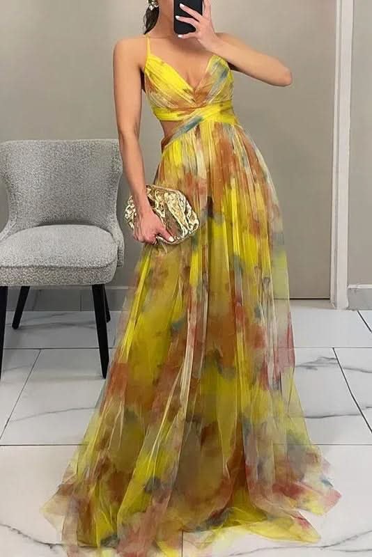 Layla | Women's Floral Tulle Sleeveless Maxi Cocktail Dress Yellow