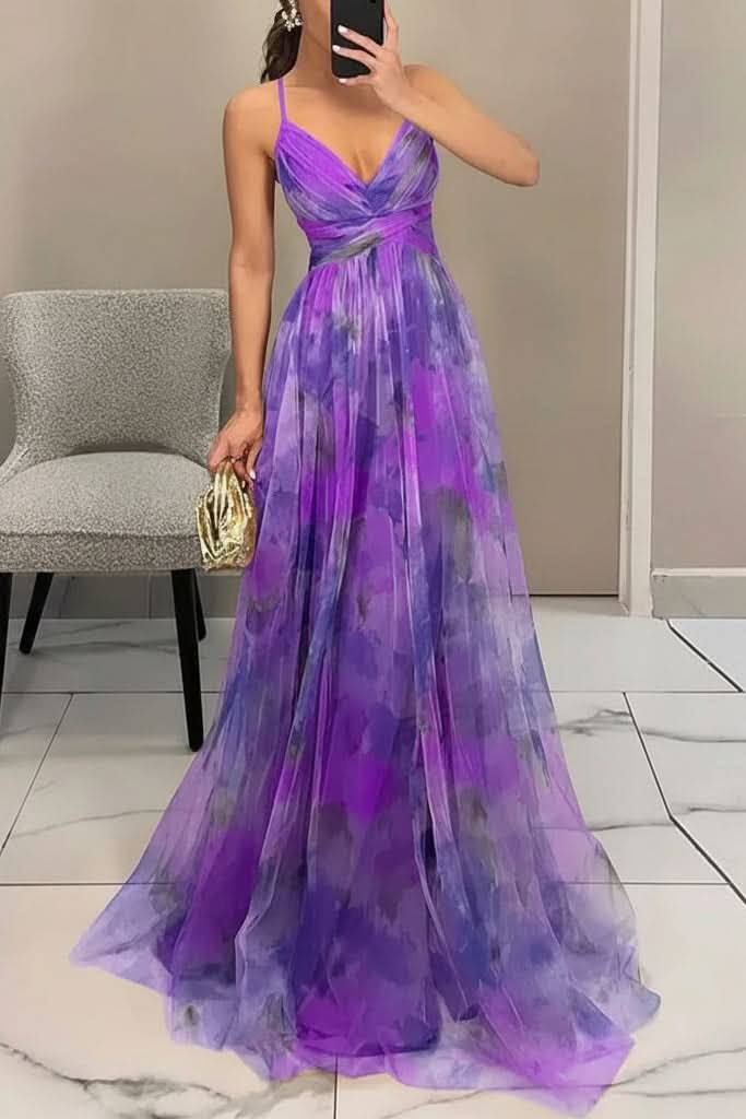 Layla | Women's Floral Tulle Sleeveless Maxi Cocktail Dress Purple