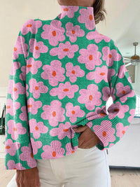 Evelyn | Women's Floral Turtleneck Sweater Ribbed Knit Long Sleeve Multicolor