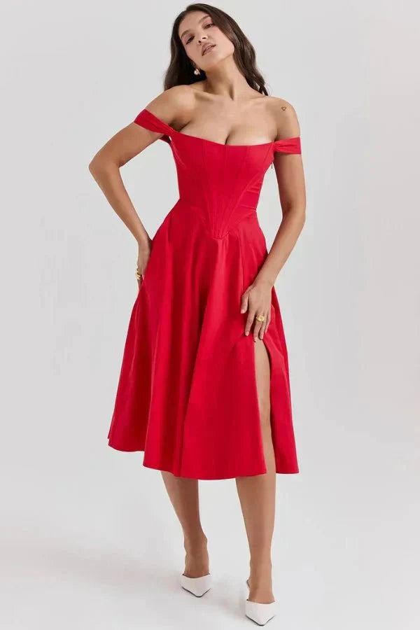 Coralie Off Shoulder Midi Dress Red