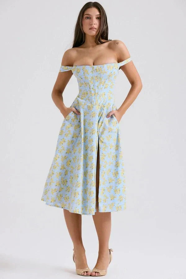 Coralie Off Shoulder Midi Dress Floral Blue