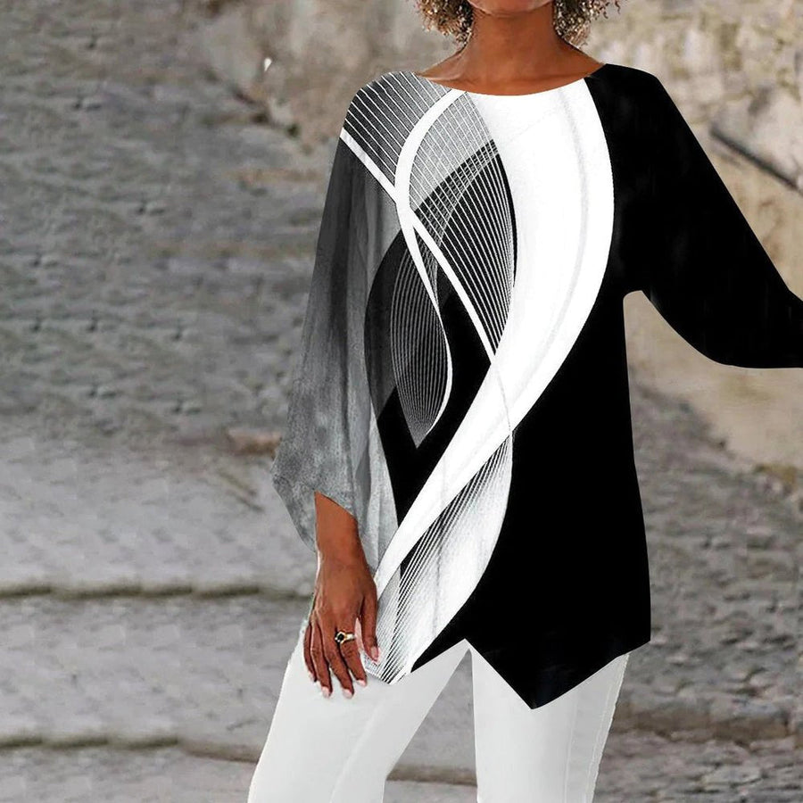 Scarlett | Women's Geometric Print Long-Sleeve Asymmetric Hem Tunic Black and White