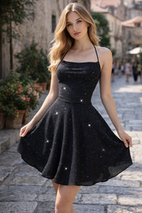 Isabella | Women's Glitter Halter-Neck Fit-and-Flare Cocktail Dress XS