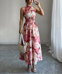 Women's Halter Neck Green Leaf Print Smocked Waist Maxi Dress