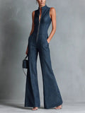 Camila | Women's High Neck Zip Front Flare Leg Denim Jumpsuit